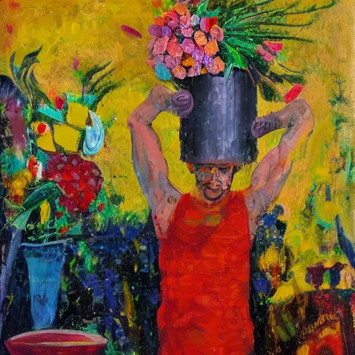 Image similar to man pouring water on head, flowers are in a pot on his head, the pot is part of his head, abstract expressionism, oil on canvas