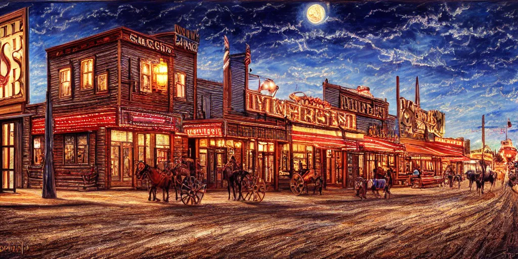 Image similar to photorealist painting of wild west small town, western, old west, nighttime, high production value, intricate details, high resolution, hyperrealistic, hdr, high definition, masterpiece, ultra realistic, highly detailed, hd, sharp focus, non blurry, sharp, smooth