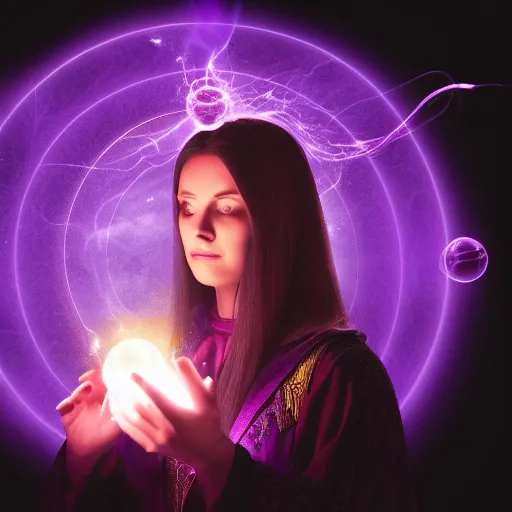 Image similar to a female warlock casting a magic spell, a small floating orb by her side, purpleish aura, d & d, fantasy, magic, hdr, studio lighting, mucha style,