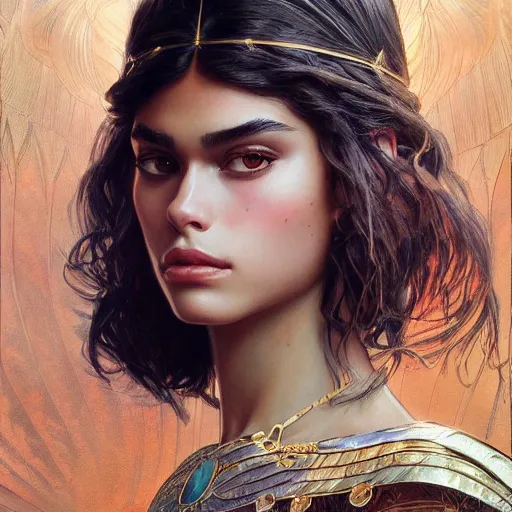 Image similar to Kaia Gerber as Cleopatra, intricate, elegant, highly detailed, digital painting, artstation, concept art, smooth, sharp focus, illustration, art by artgerm and greg rutkowski and alphonse mucha