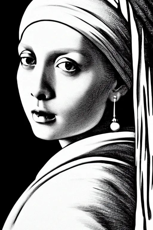 Image similar to beautiful portrait of a woman, negative no not the girl with a pearl earring, highly detailed ink illustration, b & w clean shaped illustration by kim jung gi, ric estrada, ron english and eiichiro oda