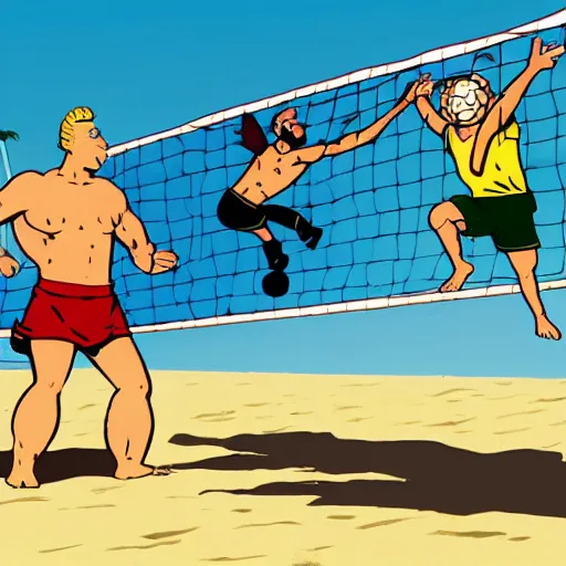 Image similar to Tintin and Asterix playing beachvolley