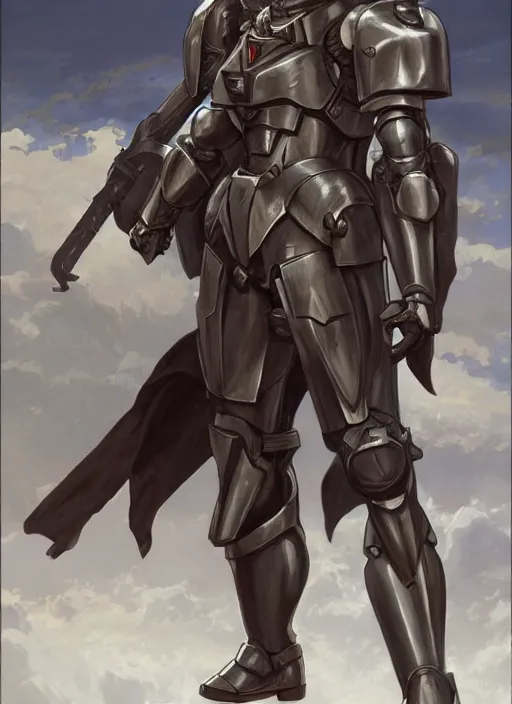 Image similar to medium-length portrait of a male paladin with short curly hair and a dark beard, dark brown skin, happy expression, wears a suit of power armor, gundam, holding buster sword aloft, medieval setting, highly detailed, digital painting, artstation, concept art, sharp focus, illustration, art by greg rutkowski and alphonse mucha