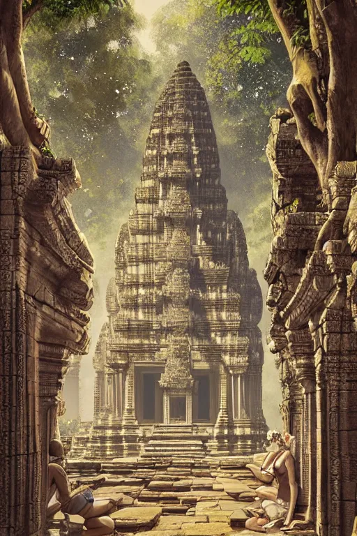 Prompt: Angkor Wat temple in Cambodia, digital painting, highly detailed, artstation, concept art, illustration, smooth, sharp focus, art by artgerm and greg rutkowski and alphonse mucha and loish and WLOP