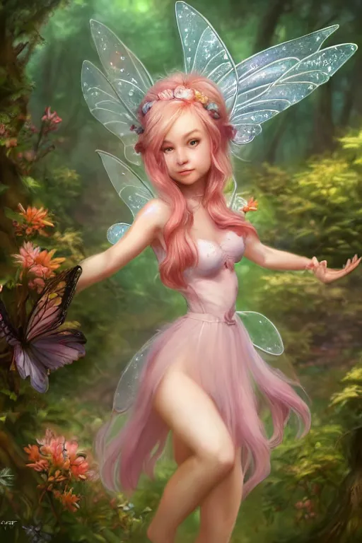 Image similar to a cute fairy in the dreamy forest, fantasy, 8 k resolution, hyper detailed, d & d, character design, digital painting, trending on artstation, sharp focus, illustration, art by artgerm, steve zheng, fuji choko, viktoria gavrilenko, hoang lap