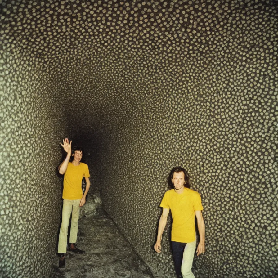 Prompt: 7 0 s movie still large shot of a skinny man with trypophobia in a yellow wall soviet tunnel, cinestill 8 0 0 t 3 5 mm eastmancolor, heavy grain, high quality, high detail