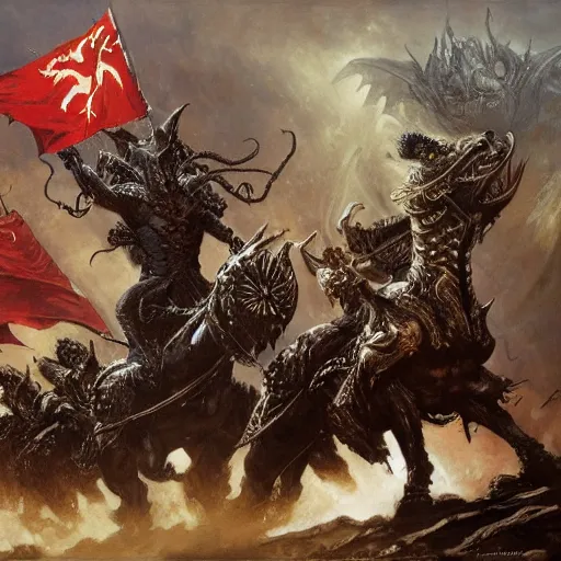 Image similar to an army of draconians riding beasts with flag bearers and trumpeters, intricate detail, royo, vallejo, frazetta, giger, whealan,