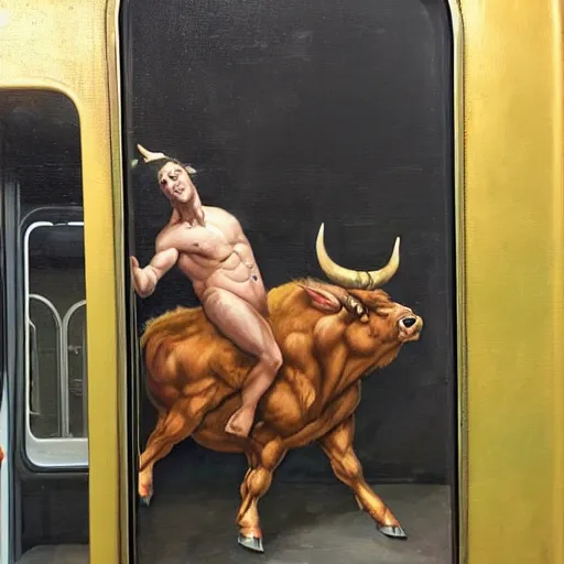 Prompt: a beautiful oil painting painting of the minotaur riding on the subway, staring at his cell phone