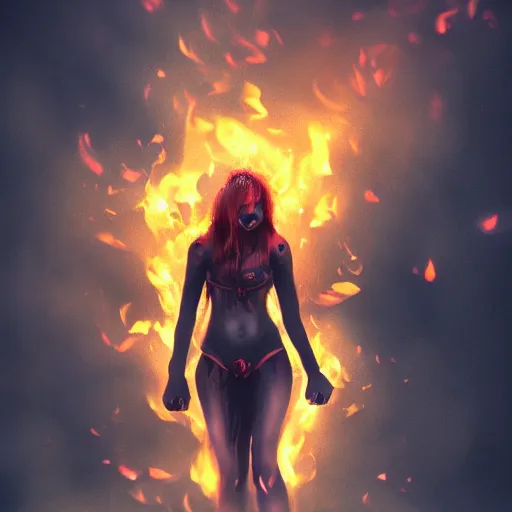 Prompt: female demon, beautiful, scary, fire, dark, cinematic, high detail,