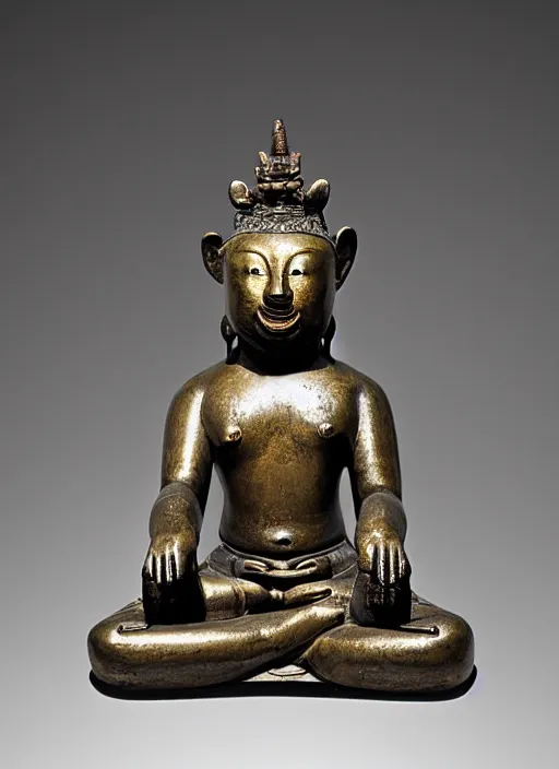 Prompt: photo of a magnificent gilt-bronze seated figure of bodhisattva, anthropomorphized asian black bear, head of an asian black bear, Early Ming dynasty, late 14th-15th century, studio lighting