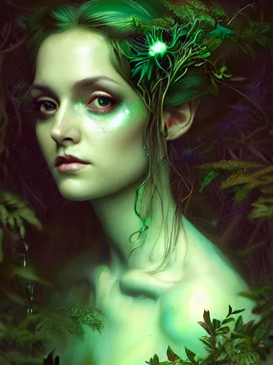 Image similar to green!! forest fae ; by james jean, charlie bowater, tom bagshaw, nikolay makovsky, melanie delon : : enchanting, ethereal, magical, glowing, sparkle, iridescent, flowerpunk, portrait, character design, illustration, hyperrealism, photorealism, digital art, concept art, dark fantasy, weta, wlop, artstation