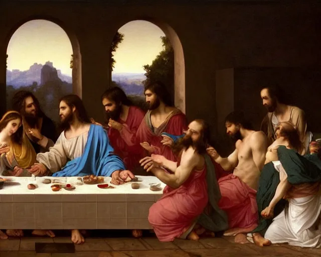 Prompt: beautiful glorious realistic oil painting of the last supper, baroque style by bouguereau, sunset, highly detailed and photorealistic, 8 k hdr intricate