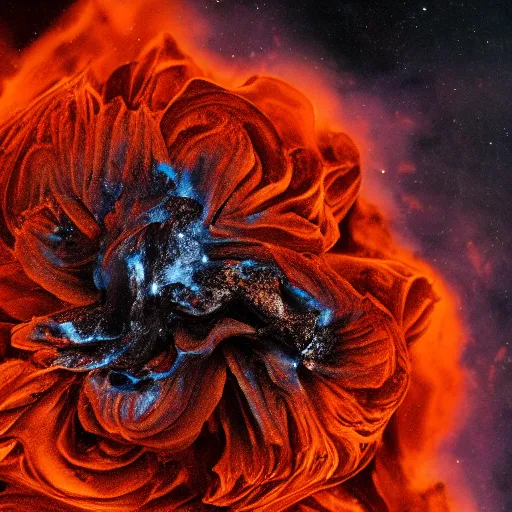 Image similar to award - winning macro of a beautiful lava rose made of molten magma and nebulae on black background by harold davis, highly detailed, inner glow, trending on deviantart, artstation and flickr, nasa space photography, national geographic