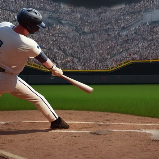 Image similar to baseball player hitting the ball with the baseball bat in the middle of the game and in front of everyone in the stadium, james gurney painting style, greg rutkowski, artstation, octane render, unreal engine 5