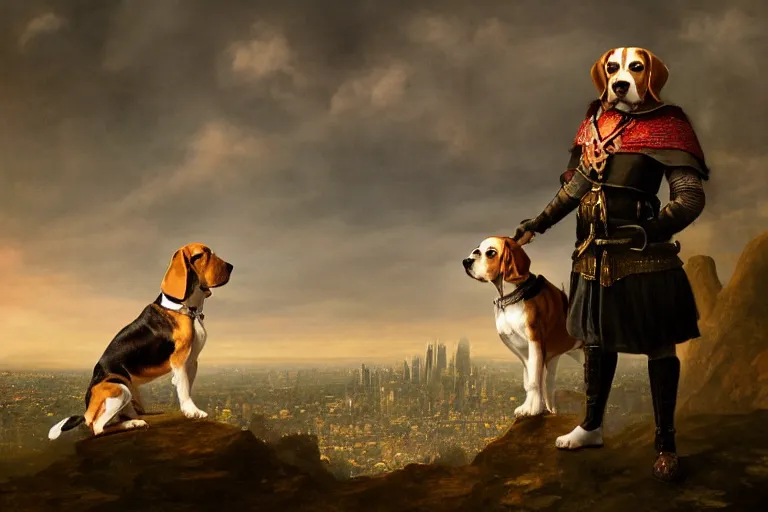 Prompt: a fantasy painting of a beagle king, stood on a skyscraper overlooking a vast city, cinematic, beautiful lighting, dramatic