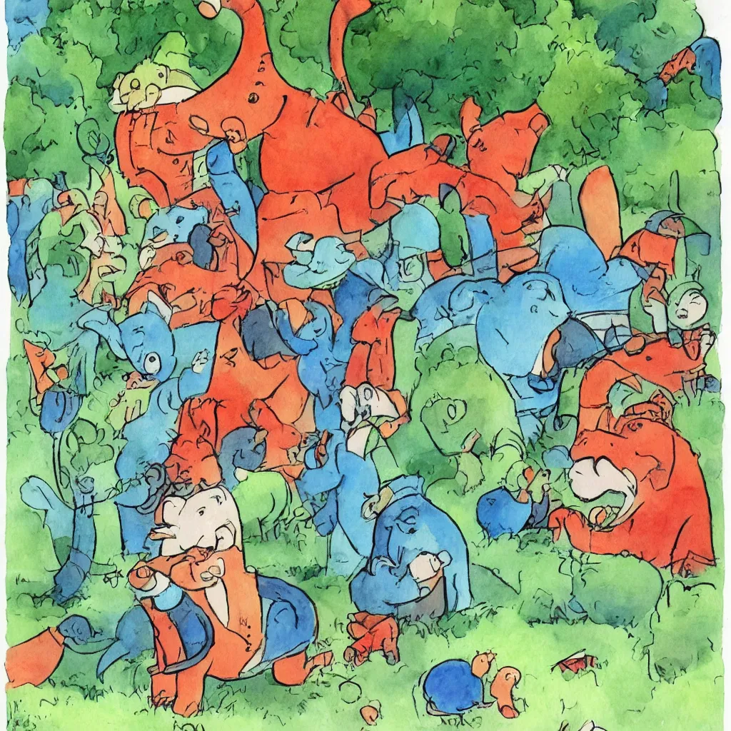 Image similar to babar discovers fire children's illustration watercolor painting