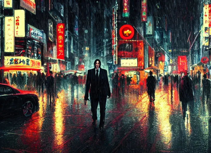 Image similar to cinematic shot of John Wick walking on the streets of Tokyo, rainy streets, neon lights, LEDs, concept art oil painting by Jama Jurabaev, extremely detailed, brush hard, artstation