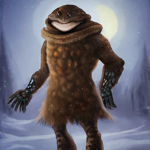 Prompt: anthropomorphic turtle humanoid, carapace, azamat khairov, blizzard, winter, night, furs, fantasy