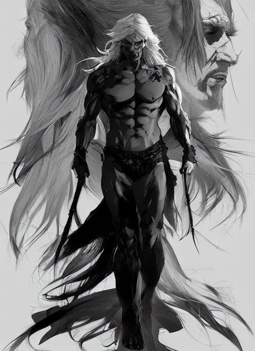 Image similar to Half body portrait of mature man with long silver hair, half man half wolf. In style of Yoji Shinkawa and Hyung-tae Kim, trending on ArtStation, dark fantasy, great composition, concept art, highly detailed, dynamic pose.