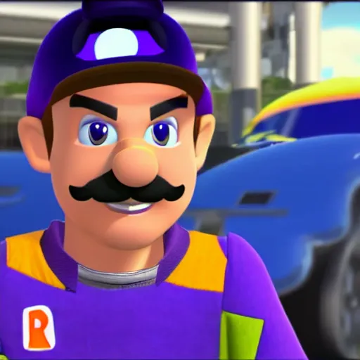 Image similar to Portrait screenshot of Max Verstappen as Waluigi in MarioKart, Nintendo, MK8, 4k