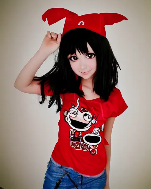Prompt: adorable anime girl wearing a Frank's red hot sauce shirt striking a pose
