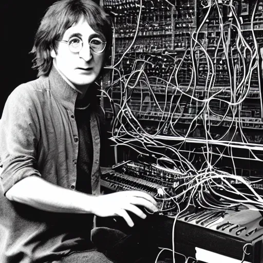 Image similar to photograph of john lennon playing modular synth with lots of wires, portrait, ultra realism, 8 k