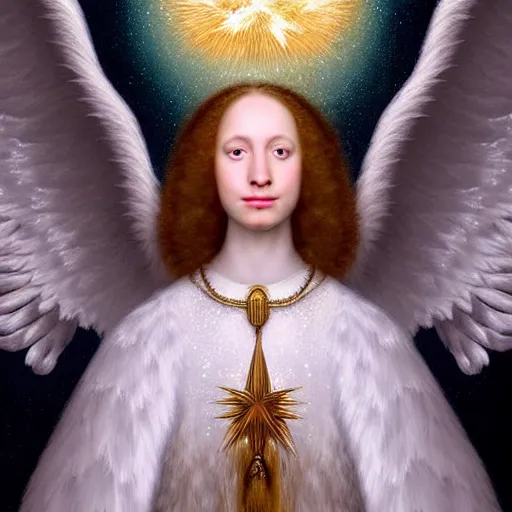 Image similar to highdetailed hyperrealistic painting of white angel!!! no gender!!!, giant ball of miracle light from the chest!!!!!, white sparkles everywhere, 4 k hd fur face!!!, big wings, by jan van eyck, holography space, glow effect, large strokes, white monochrome color!!!!!