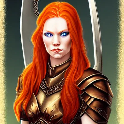 Prompt: A portrait of a beautiful redhead valkyrie as a D&D character, realistic, smooth skin, symmetrical, golden ration