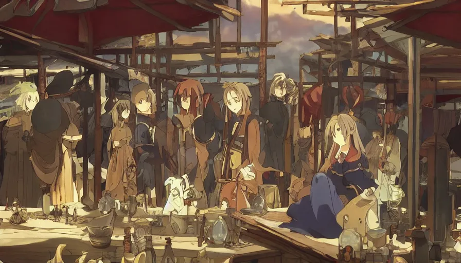 Prompt: “Ais-Wallenstein” at dawn in an medieval isekai market • cinematic anime screenshot by the Studio JC STAFF