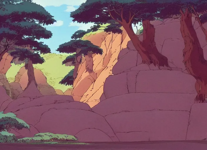 Image similar to pleasing appealing smooth flat rocky environment sunningrocks by the river's shore, forest clearing, still placid environment matte painting from studio ghibli and the fox and the hound ( 1 9 8 1 )