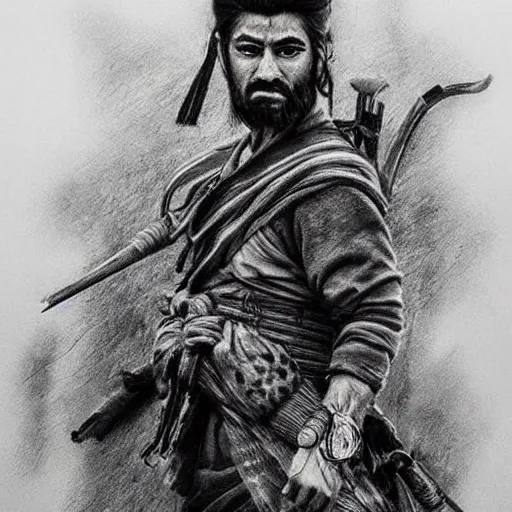 Image similar to Kurdish samurai, detailed charcoal sketch, realistic, incredibly detailed, award winning art, cinematic, extremely high detail, concept art