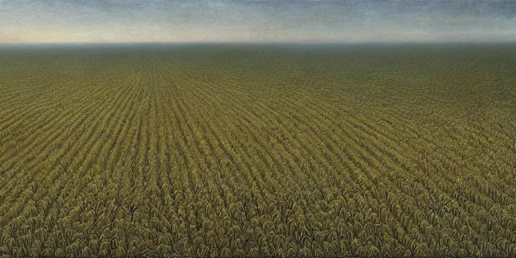 Image similar to Artwork by John Howe of the cinematic view of an insect-covered field of crops