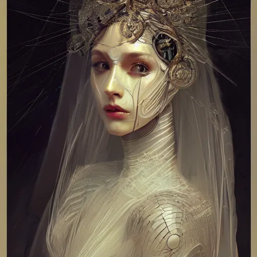 Image similar to portrait of a humanoid robot wearing a veil, mystic, mystical, robot body, wires, robotic, intricate, headshot, highly detailed, digital painting, artstation, concept art, sharp focus, cinematic lighting, digital painting, art by artgerm and greg rutkowski, alphonse mucha, cgsociety