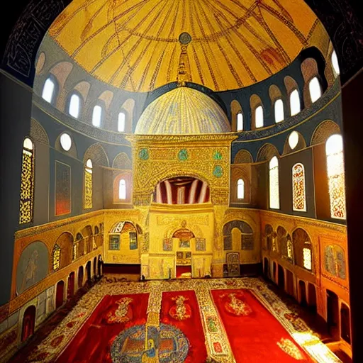 Image similar to divine liturgy being held in the hagia sophia, artstation, artwork, rays of shimmering light, beautiful, surreal, holy