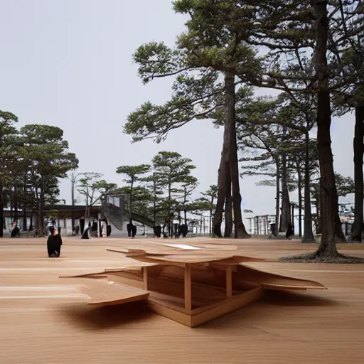 Prompt: light wooden construction designed by sou fujimoto for a tea drinking ceremony