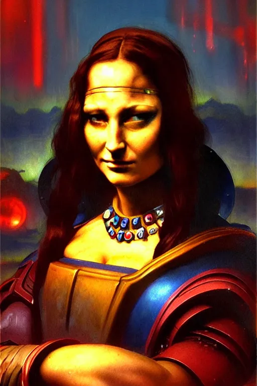 Image similar to character portrait cyberpunk starcraft terran warhammer 4 0 k space marine tech priest warrior ( ( ( ( ( ( ( ( totally definitely not negative no not mona lisa inspired ) ) ) ) ) ) ), character design, painting by gaston bussiere, katsuya terada, frank frazetta, tom of finland, trending on artstation