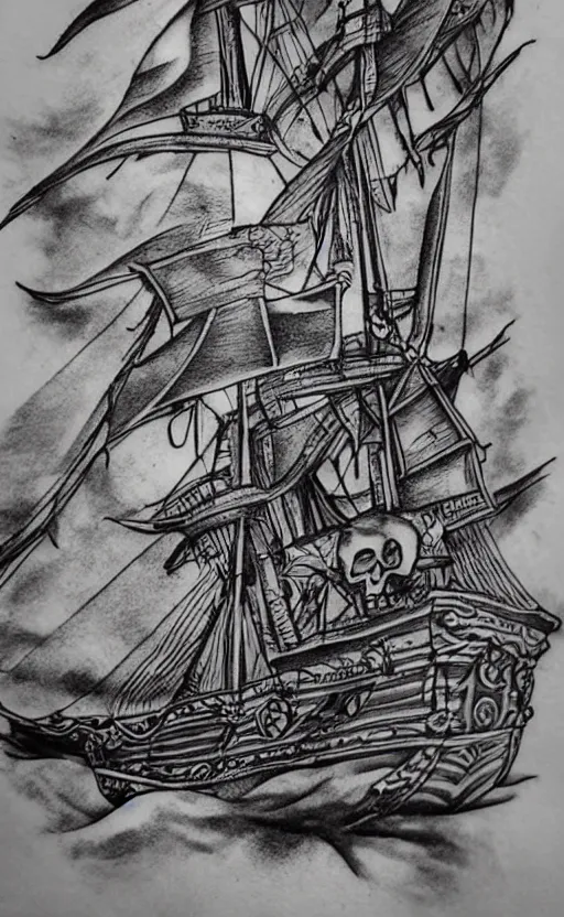 Image similar to A tattoo design on paper of a pirate ship, on paper, black and white, highly detailed tattoo, realistic tattoo, realism tattoo, beautiful shades