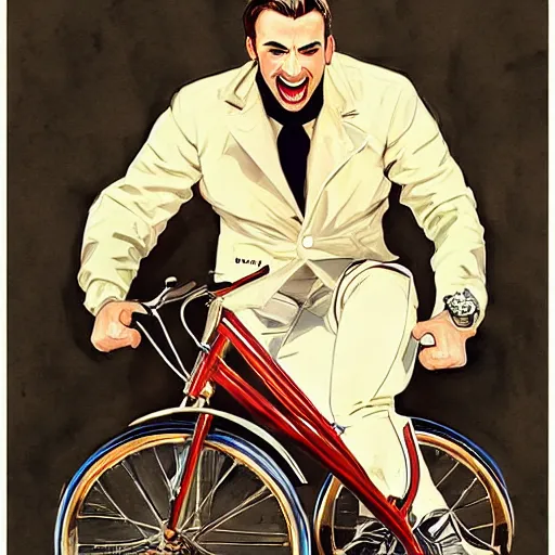 Prompt: Chris Evans riding a unicycle and looking very happy by leyendecker