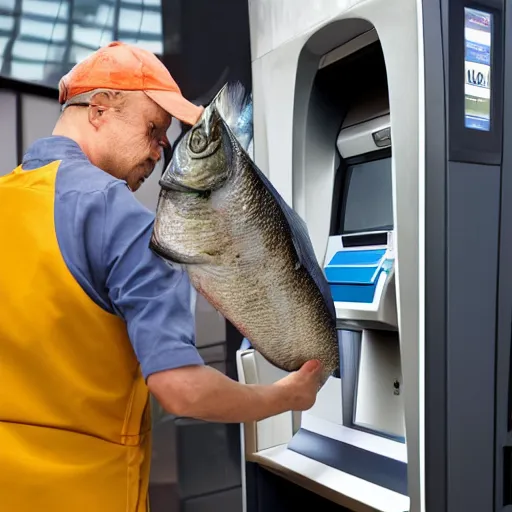 Image similar to Man withdrawing a stack of fish from an ATM