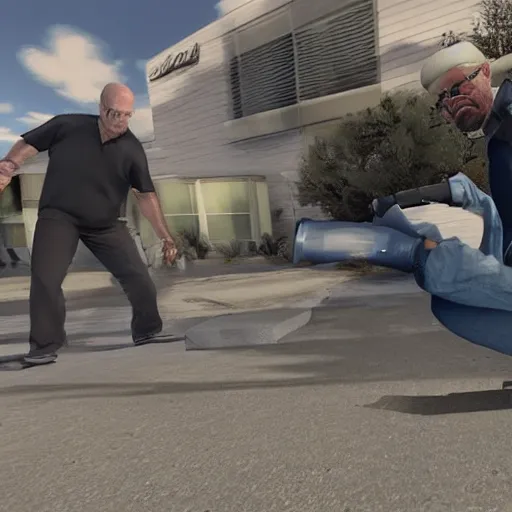 Image similar to pov of a man fighting walter white, first person view, realistic, street fight