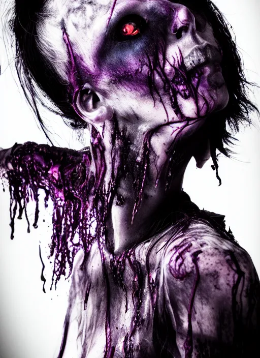 Prompt: gothic soul - spirit with galaxy dead eyes, random tears of necro blast, psycho colors veins, realistic flavor, twisted sorrow fade soft, award winning photoshoot