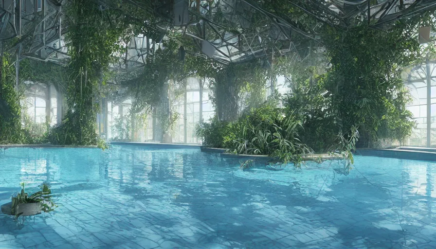 Prompt: Abandoned dusty indoor empty pool covered by vegetation during heat wave , hyperdetailed, artstation, cgsociety, 8k