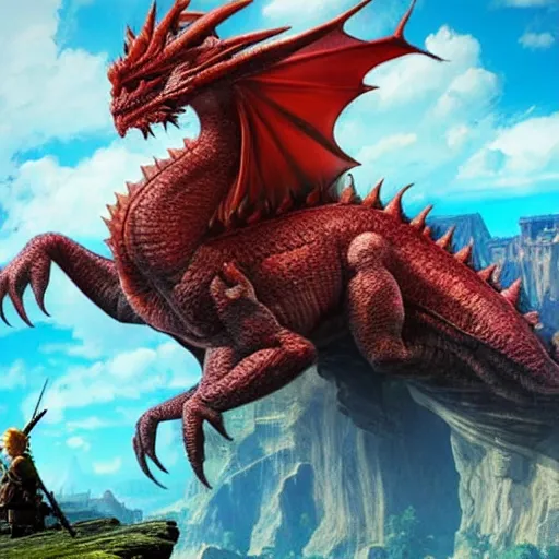 Prompt: A massive red dragon on top of a cliff attacking a castle, Beautiful architecture, blue accent, Statues, an army approaches on horseback, Highly detailed carvings, Atmosphere, Dramatic lighting, Epic composition, Low angle, Wide angle, by Miyazaki, Nausicaa Ghibli, Breath of The Wild