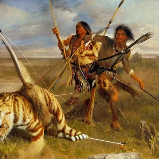 Image similar to native american man hunting sabertooth tiger on great plains with bow and arrow, painting by emanuel leutze and emanuel leutze and emanuel leutze and emanuel leutze and emanuel leutze