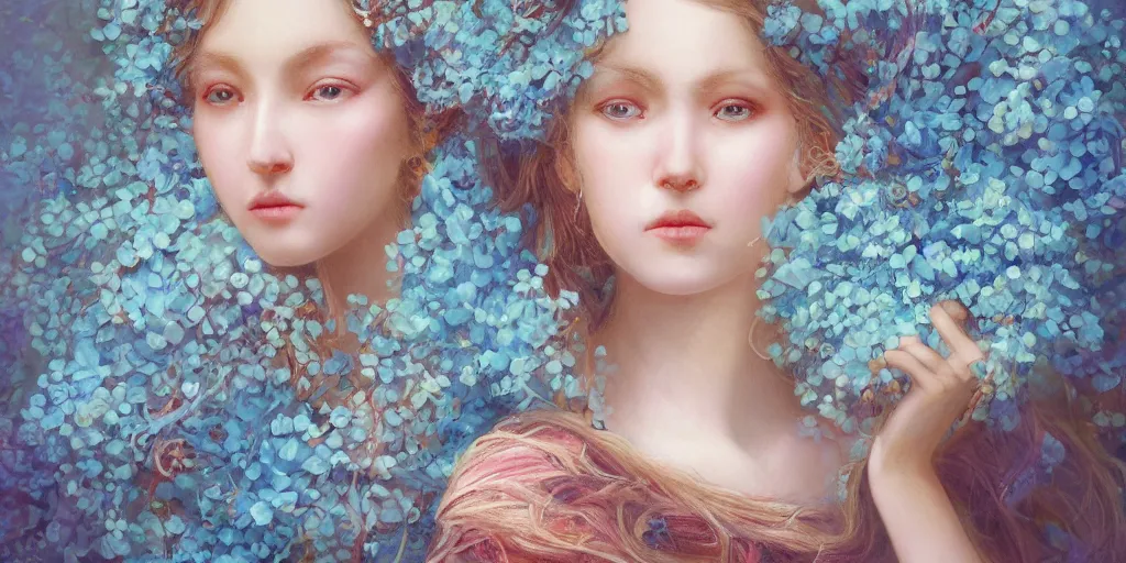 Image similar to breathtaking detailed concept art painting portrait of two hugs goddess of light blue flowers, carroty hair, orthodox saint, with anxious piercing eyes, ornate background, amalgamation of leaves and flowers, by hsiao - ron cheng, extremely moody lighting, 8 k