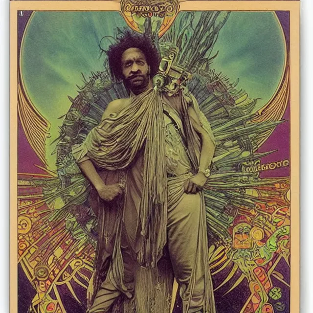 Prompt: polaroid of a vintage record cover by Franklin Booth showing a portrait of Lee Perry as a futuristic space shaman, Alphonse Mucha background, psychedelic art, star map, smoke, sciFi