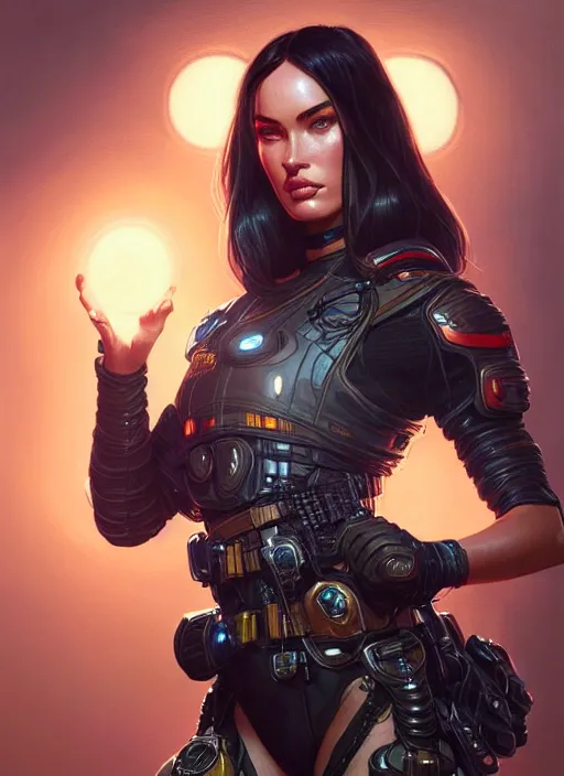 Image similar to portrait of apex legends megan fox, intricate, elegant, glowing lights, highly detailed, digital painting, artstation, glamor pose, concept art, smooth, sharp focus, illustration, art by artgerm and greg rutkowski, artey freytag