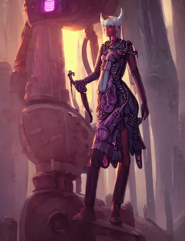 Image similar to viking scifi pricess of the bluewood fjords, wearing a lovely dress with cyberpunk details. this oil painting by the award - winning mangaka has an interesting color scheme and impeccable lighting.