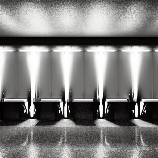 Image similar to approximately 1 2 urinals in a dark room, realistic, photoreal high detail