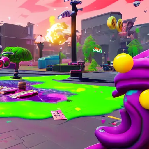 Prompt: Splatoon except it is Fortnite, in game screenshot, vibrant environment